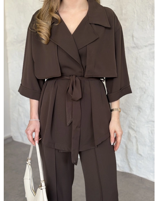 Trenç görünümlü belinden kuşaklı tivil takım kahve