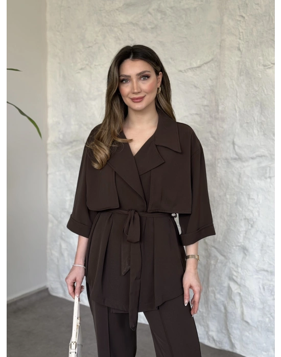 Trenç görünümlü belinden kuşaklı tivil takım kahve