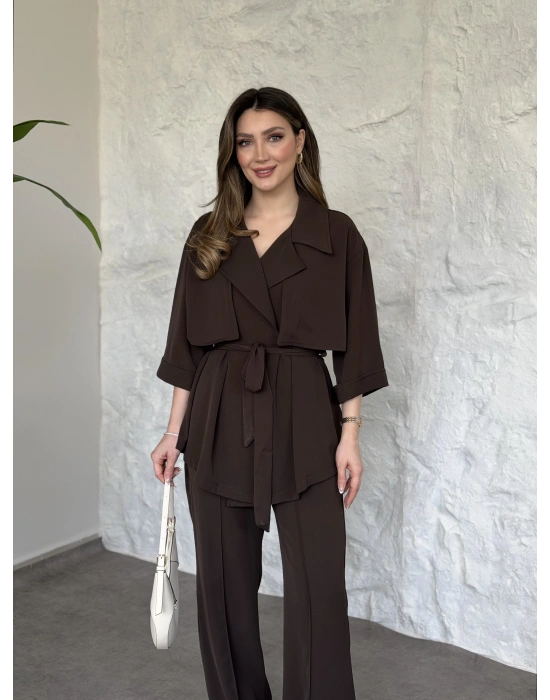 Trenç görünümlü belinden kuşaklı tivil takım kahve