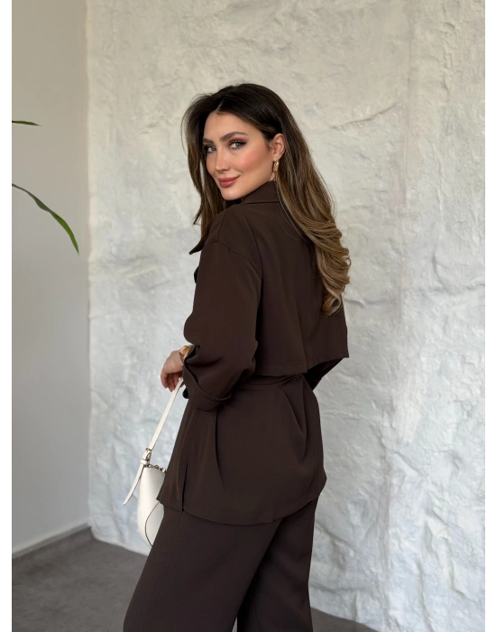 Trenç görünümlü belinden kuşaklı tivil takım kahve