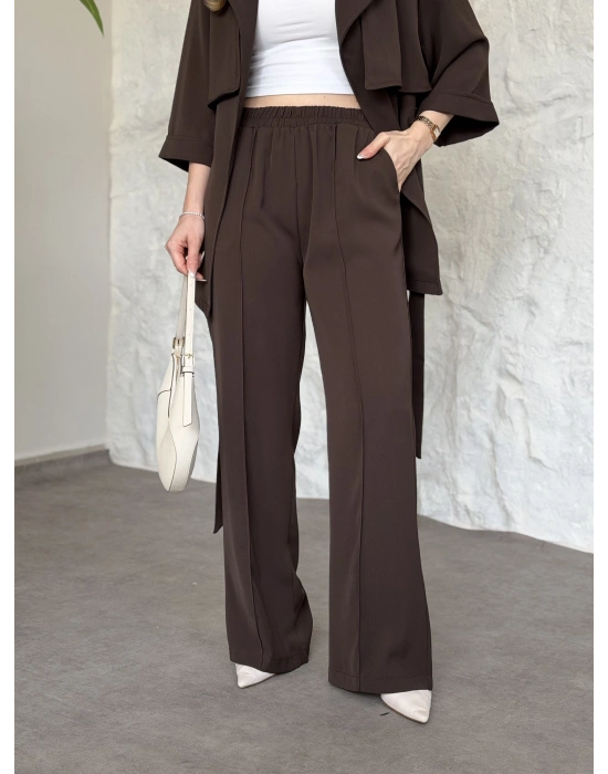 Trenç görünümlü belinden kuşaklı tivil takım kahve