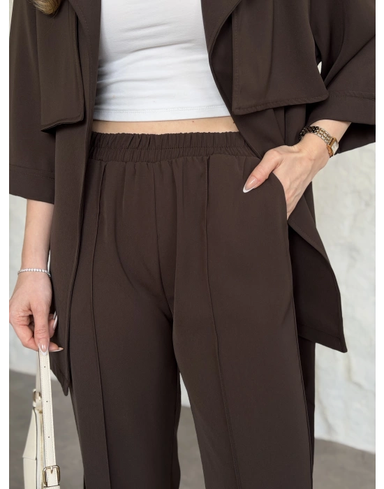 Trenç görünümlü belinden kuşaklı tivil takım kahve