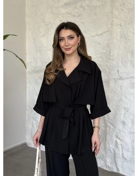 Trenç görünümlü belinden kuşaklı tivil takım siyah