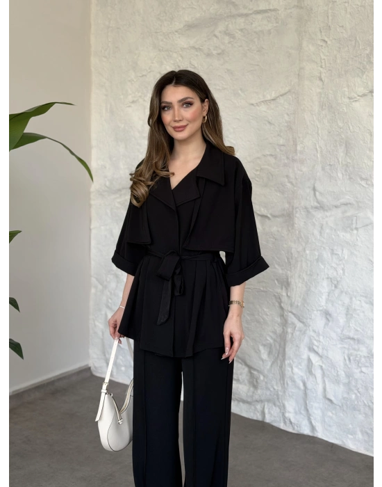 Trenç görünümlü belinden kuşaklı tivil takım siyah