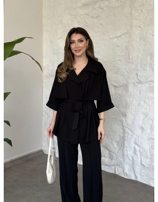 Trenç görünümlü belinden kuşaklı tivil takım siyah