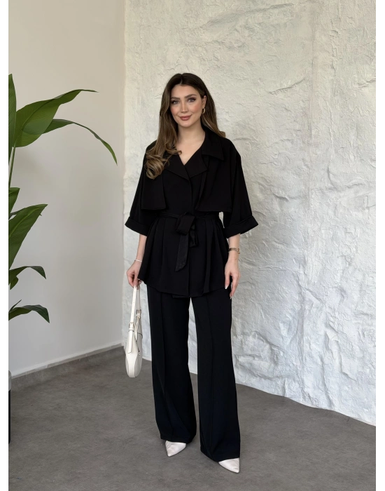 Trenç görünümlü belinden kuşaklı tivil takım siyah