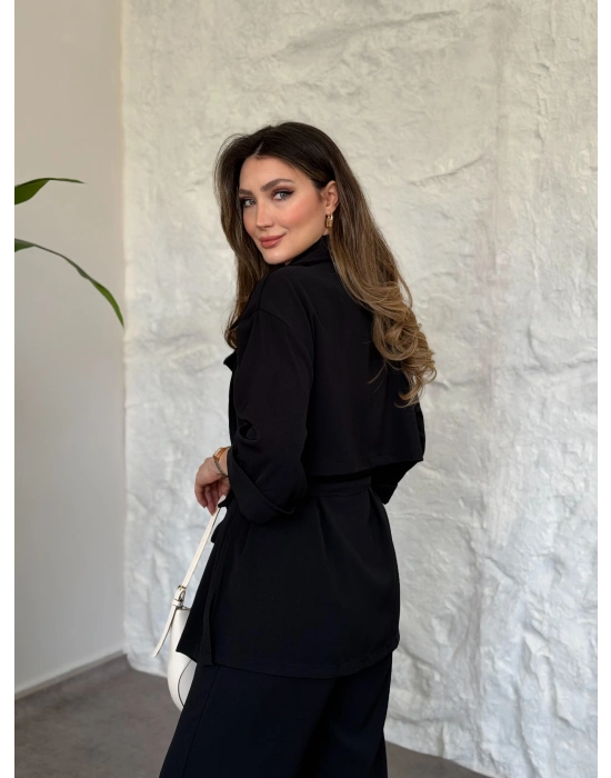 Trenç görünümlü belinden kuşaklı tivil takım siyah