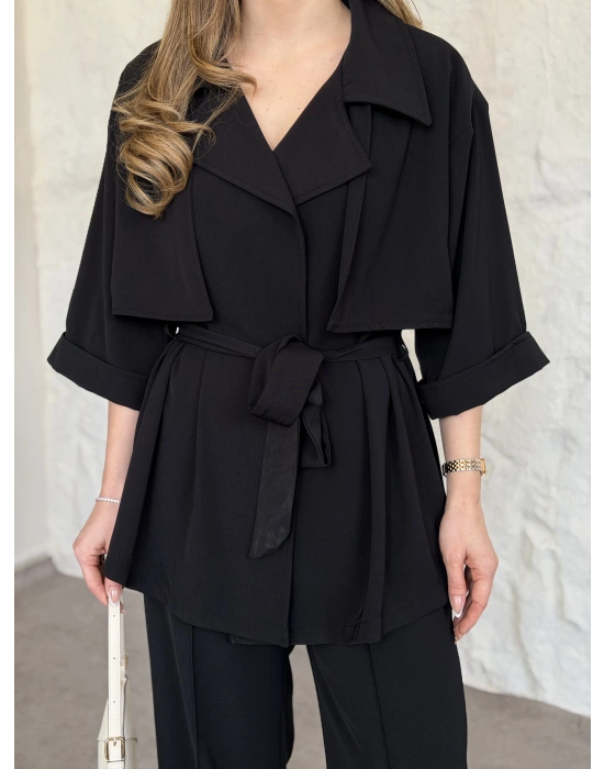Trenç görünümlü belinden kuşaklı tivil takım siyah