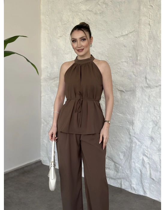 Halter yaka belinden kuşaklı linda takım vizon