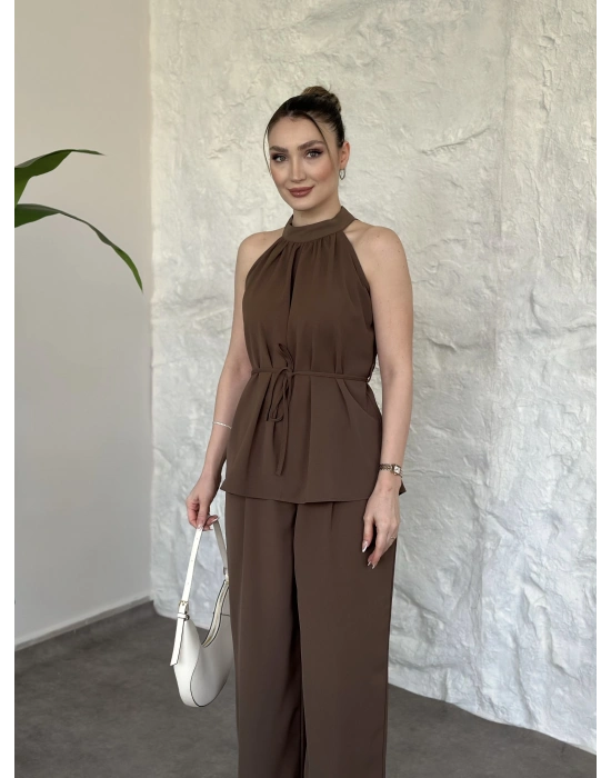 Halter yaka belinden kuşaklı linda takım vizon