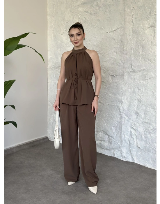 Halter yaka belinden kuşaklı linda takım vizon