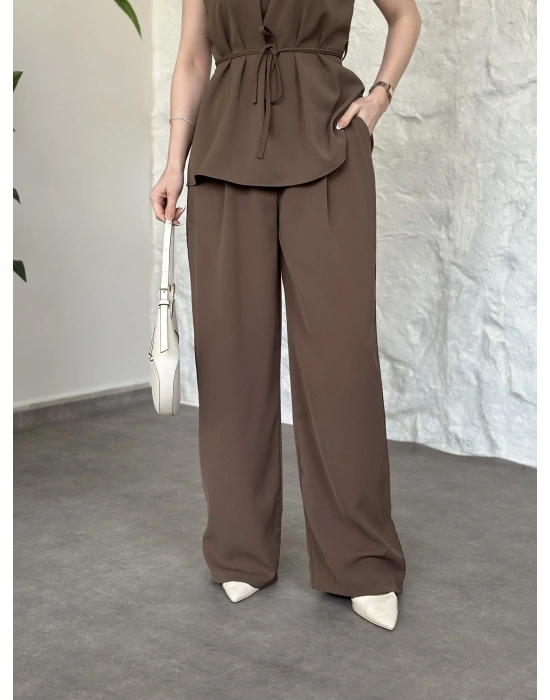 Halter yaka belinden kuşaklı linda takım vizon