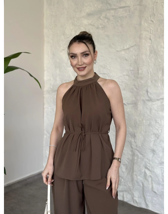 Halter yaka belinden kuşaklı linda takım vizon