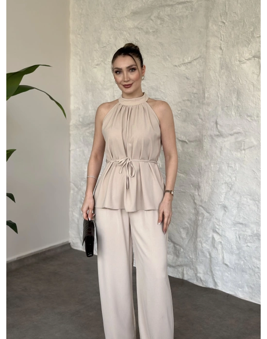 Halter yaka belinden kuşaklı linda takım krem