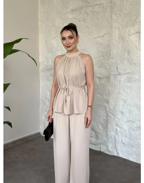 Halter yaka belinden kuşaklı linda takım krem