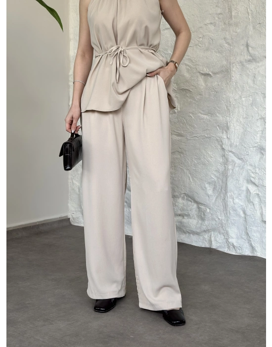 Halter yaka belinden kuşaklı linda takım krem