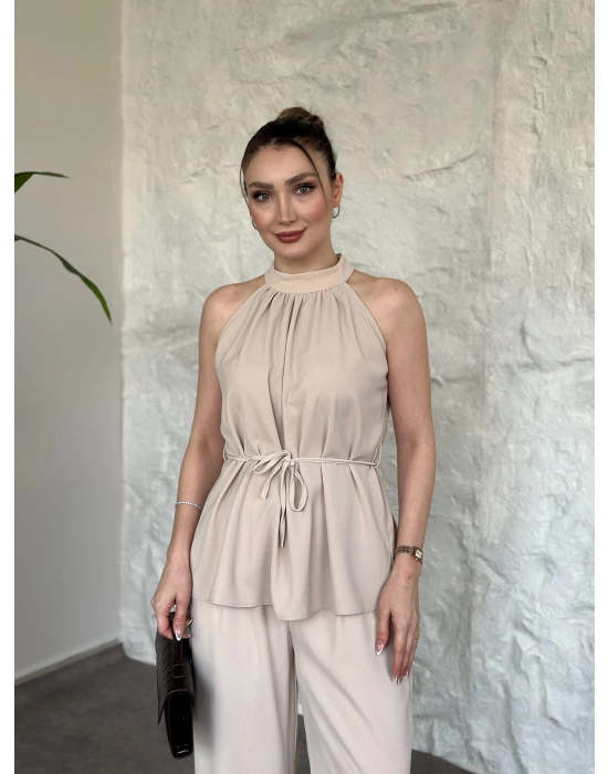 Halter yaka belinden kuşaklı linda takım krem