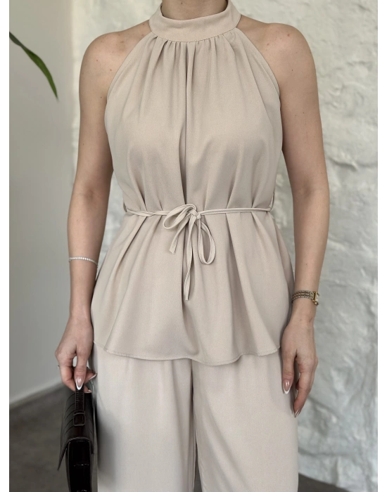 Halter yaka belinden kuşaklı linda takım krem