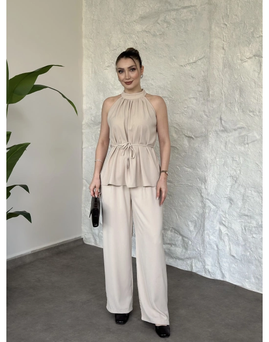 Halter yaka belinden kuşaklı linda takım krem