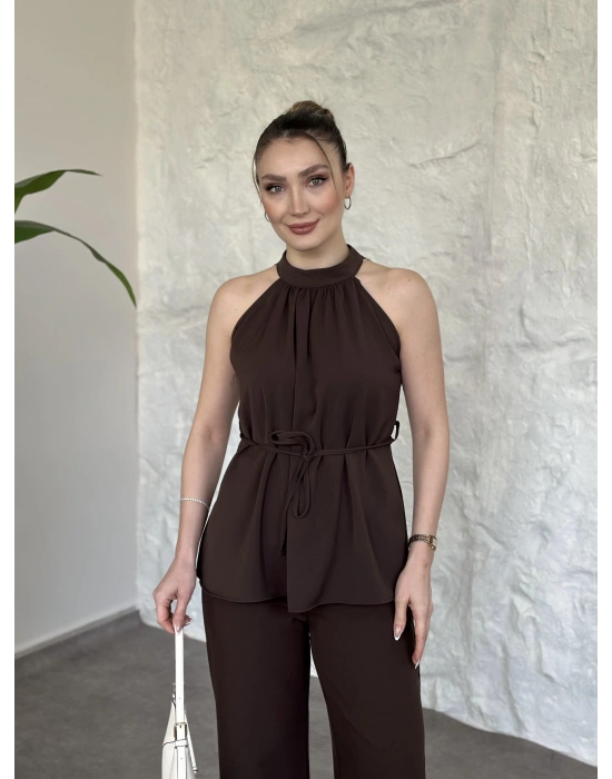 Halter yaka belinden kuşaklı linda takım kahve