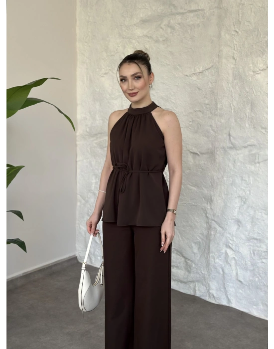 Halter yaka belinden kuşaklı linda takım kahve