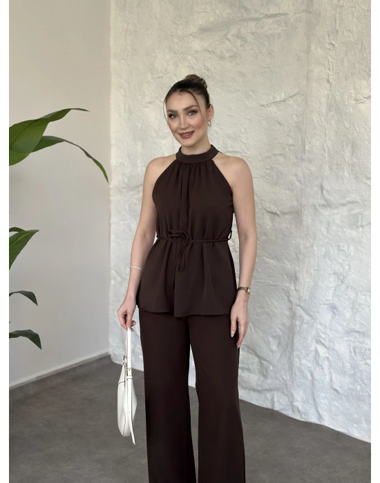 Halter yaka belinden kuşaklı linda takım kahve