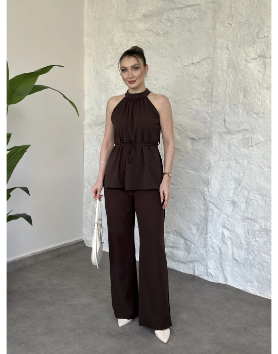 Halter yaka belinden kuşaklı linda takım kahve