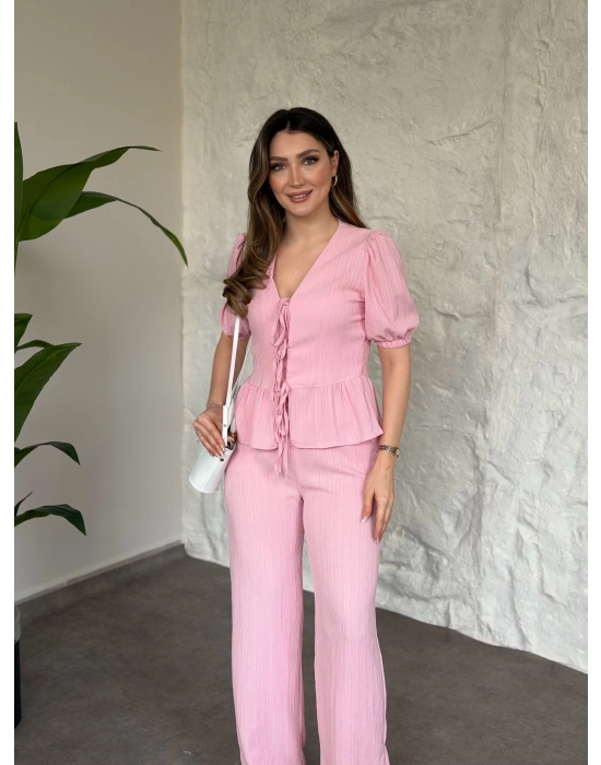 Önden bağlama detaylı gofre kumaş takım pembe