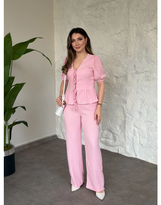 Önden bağlama detaylı gofre kumaş takım pembe