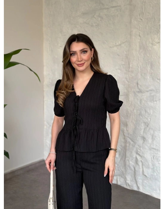 Önden bağlama detaylı gofre kumaş takım siyah