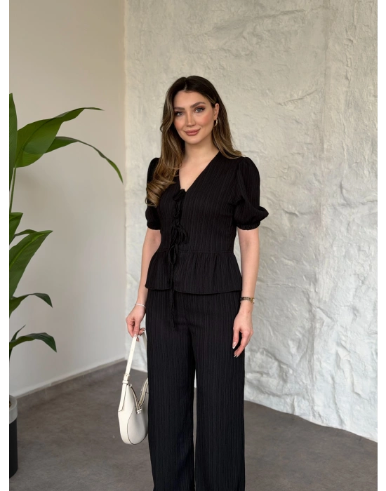 Önden bağlama detaylı gofre kumaş takım siyah