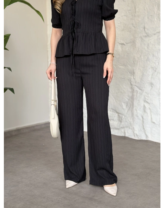 Önden bağlama detaylı gofre kumaş takım siyah