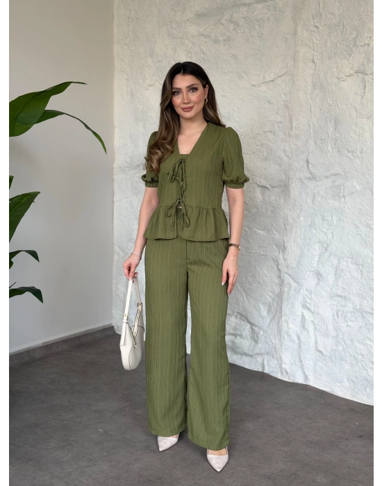 Önden bağlama detaylı gofre kumaş takım yeşil