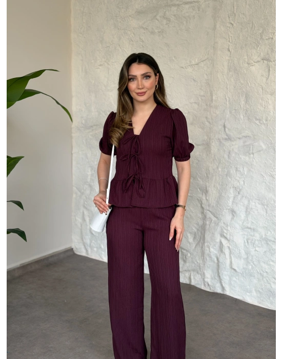 Önden bağlama detaylı gofre kumaş takım bordo