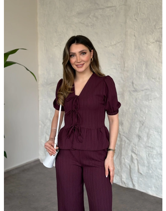 Önden bağlama detaylı gofre kumaş takım bordo