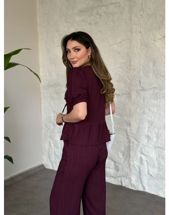 Önden bağlama detaylı gofre kumaş takım bordo