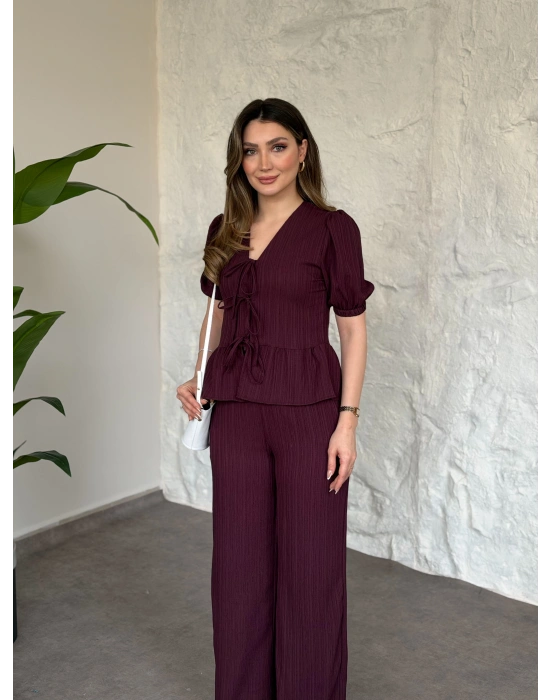 Önden bağlama detaylı gofre kumaş takım bordo