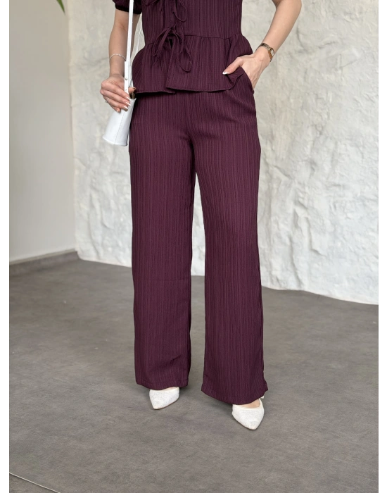 Önden bağlama detaylı gofre kumaş takım bordo