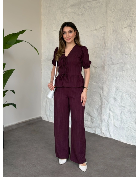 Önden bağlama detaylı gofre kumaş takım bordo