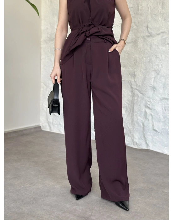 Halter yaka belinden kuşaklı linda takım bordo
