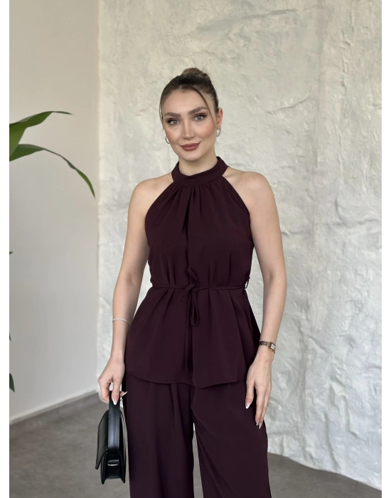 Halter yaka belinden kuşaklı linda takım bordo