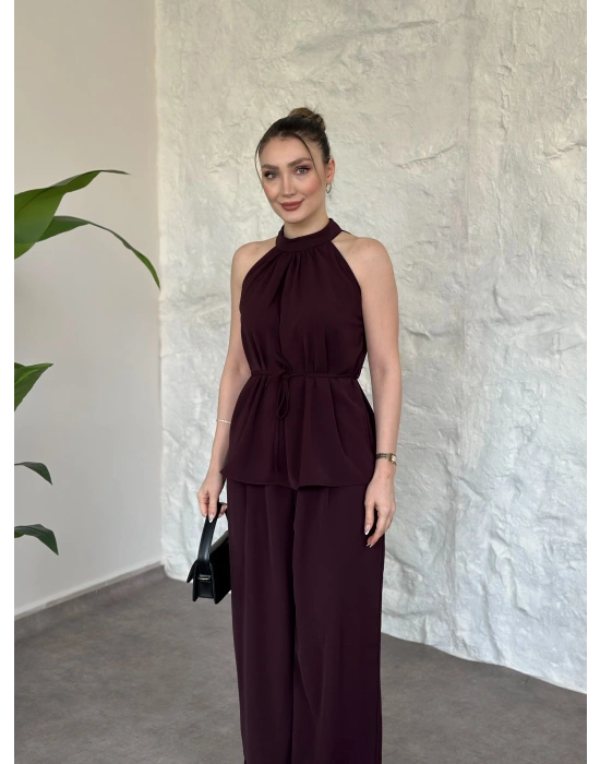 Halter yaka belinden kuşaklı linda takım bordo