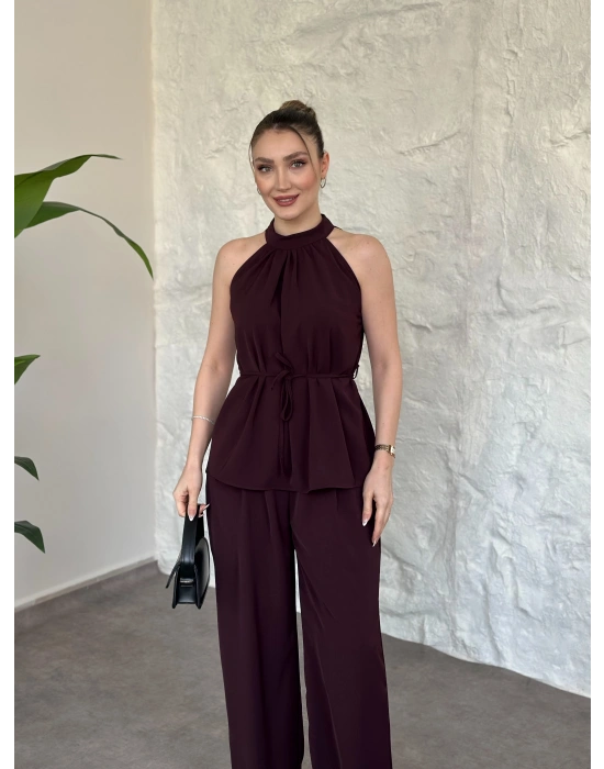Halter yaka belinden kuşaklı linda takım bordo