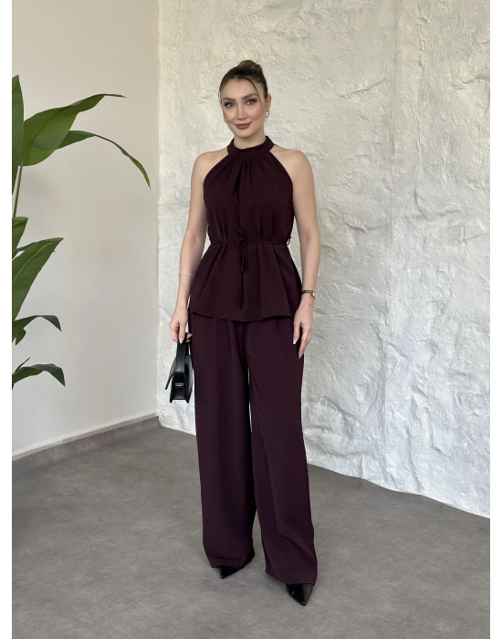 Halter yaka belinden kuşaklı linda takım bordo