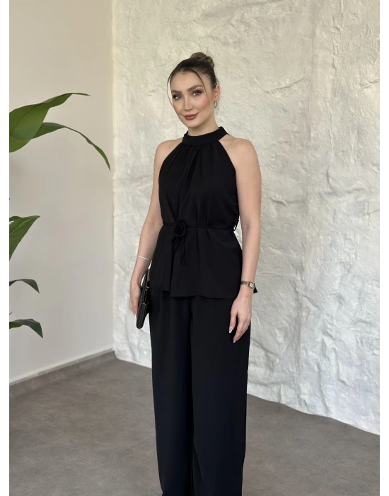 Halter yaka belinden kuşaklı linda takım siyah