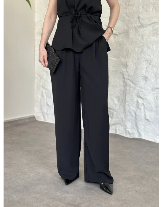 Halter yaka belinden kuşaklı linda takım siyah