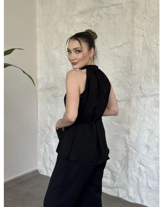Halter yaka belinden kuşaklı linda takım siyah
