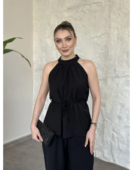 Halter yaka belinden kuşaklı linda takım siyah