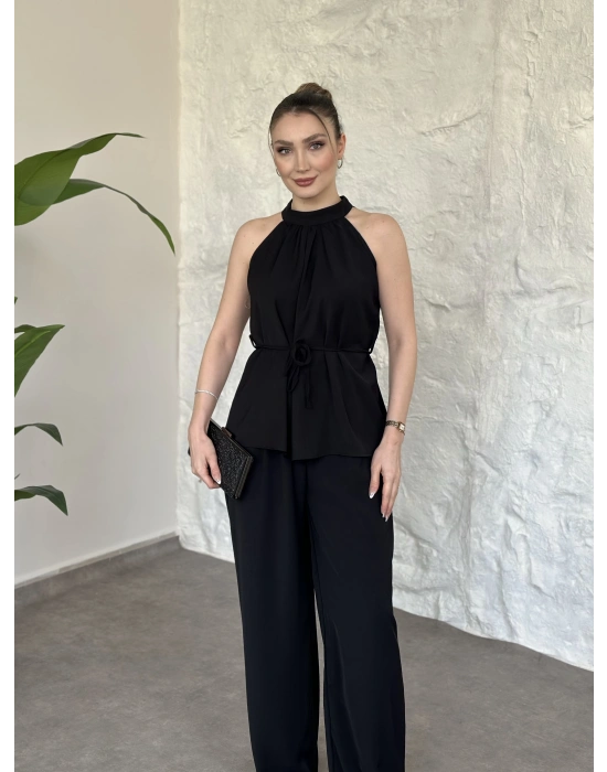 Halter yaka belinden kuşaklı linda takım siyah