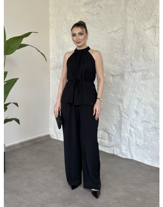 Halter yaka belinden kuşaklı linda takım siyah